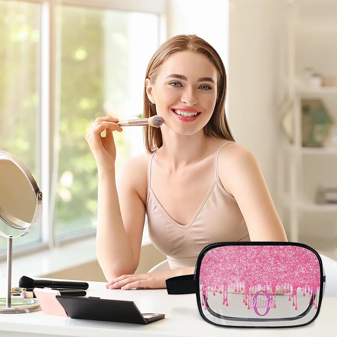 KFNHN Customized Travel Makeup Toiletry Bag, PVC Transparent Waterproof Large Cosmetic Bag Makeup Shaving Bag Organizer Case, Hot Pink Curtain Glittery