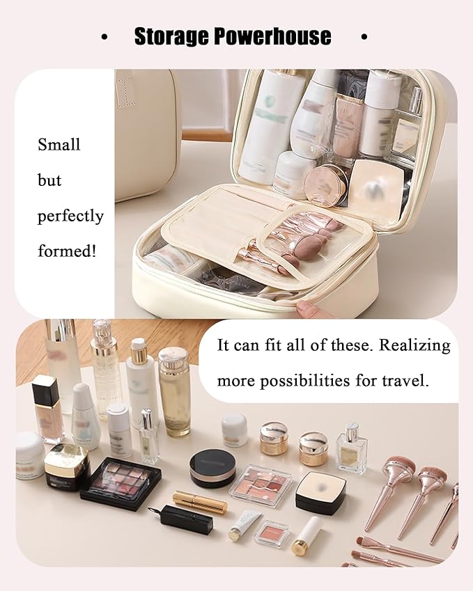 VIDIBESTY Travel Makeup Bag Skin-feel Leather, Large Capacity Cosmetic case for Women, Waterproof Portable Make up Organizer with Divider and Handle for Toiletries, Beauty Essentials (Beige)
