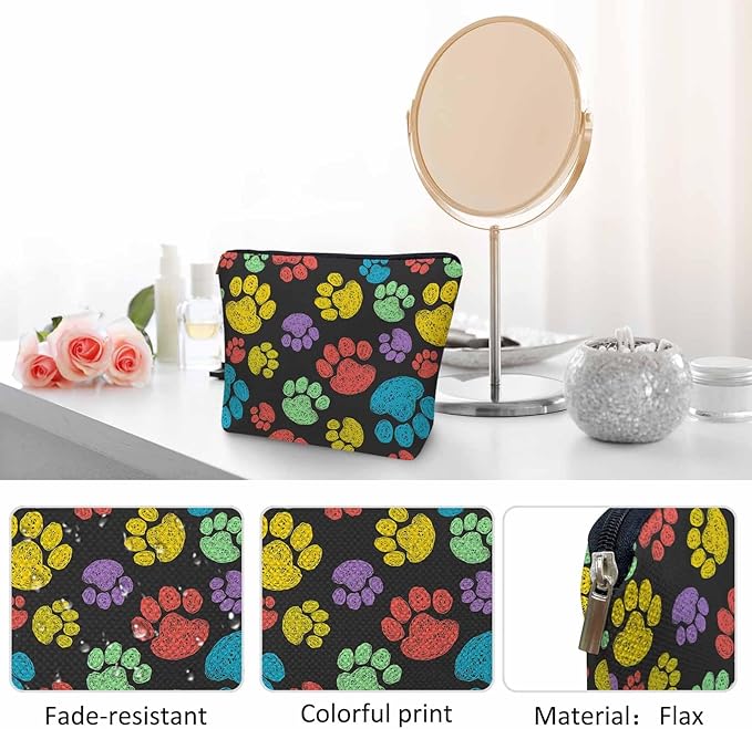 Kalygon Woman Makeup Bag Dog Paw, Rainbow Doodle Paw Prints Cat Footprint Makeup Bags Travel Cosmetic Bags Toiletry Makeup Organizer Pencil Pouch Make Up Cosmetic Bag For Owners Lady Birthday Gifts