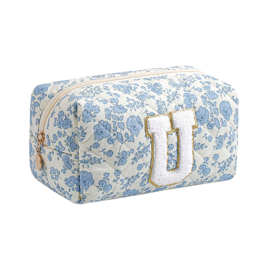 Gleyemor Personalized Initial Makeup Bag for Women, Cute Quilted Blue Floral Cotton Cosmetic Bag, Christmas Gifts for Her Mom Friend Sister Bridesmaid Teacher Women J