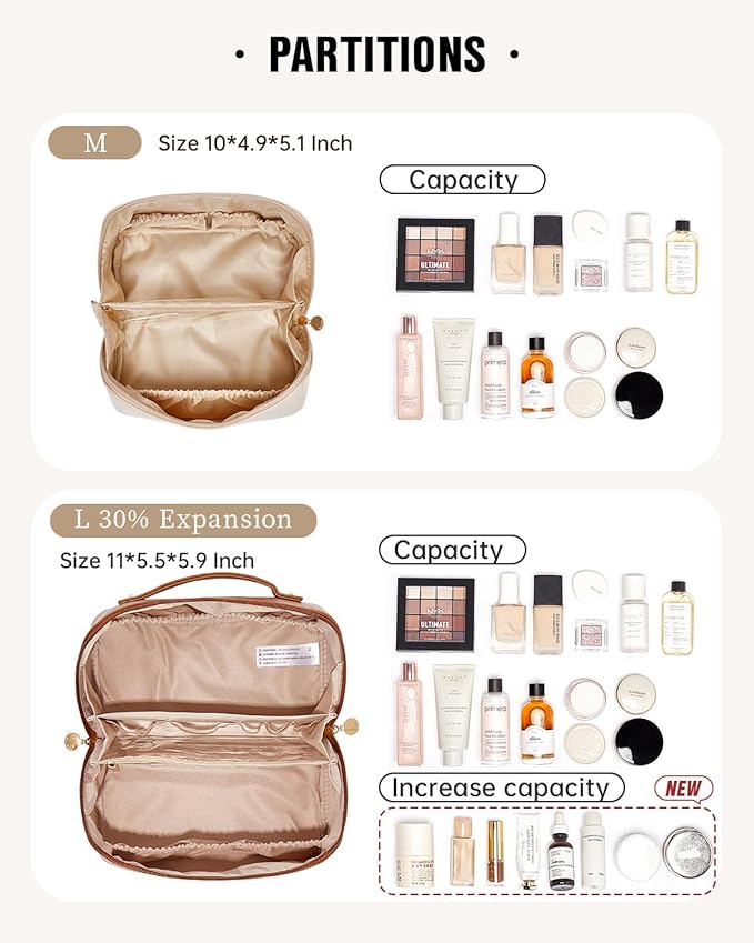 EACHY Travel Makeup Bag, Large Capacity Cosmetic Bags for Women, Waterproof Portable Open Flat Toiletry Bag Make up Bag with Divider and Handle, Gifts for Women (Brown, Large)