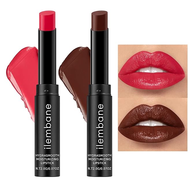ilembane Hydrating Lipstick Set, True Red & Cocoa Brown Tinted Lip Balm