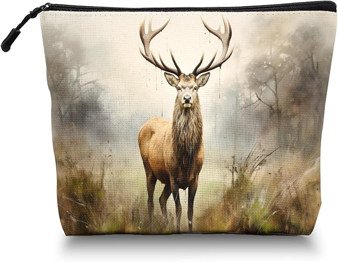 Scribesense Cosmetic Bags Travel Makeup Toilet Case Waterproof Pouch for Women Girls 6.7X9.45inches - Stag in A Misty Forest Landscape