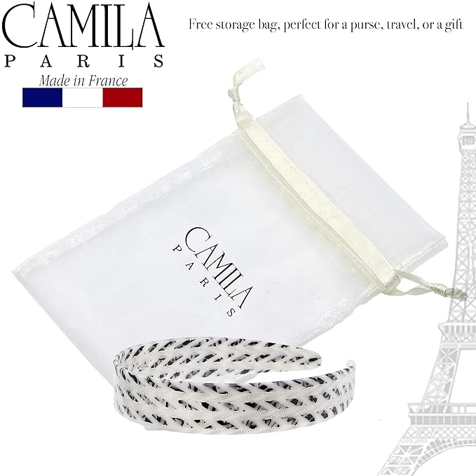 Camila Paris CP3465 French Headband for Women, Handmade White and Gray, Strong Hold Grip Women's Hair Band, Ligth and Very Flexible, No Slip Durable Styling Girls Hair Accessories, Made in France