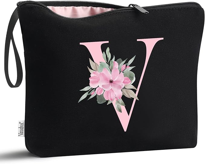 Vavabox A-Z Personalized Makeup Bag, Birthday Gifts for Women Mom, Gifts for Best Friend, Bride Bridesmaid Cosmetic bag (V, 02-Black)