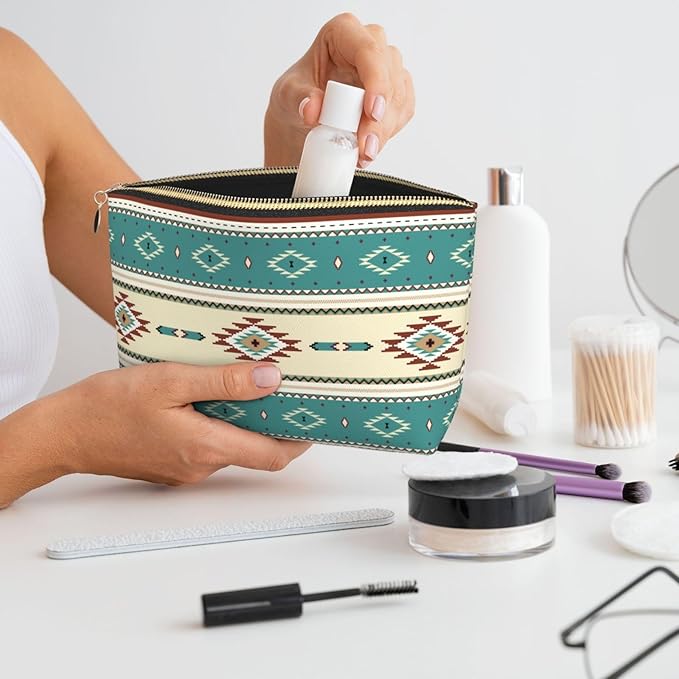 BEIANSHUO Native Indian Western Tribal Small Makeup Bag for Women - Leather Travel Cosmetic Bag Make Up Pouch Mini Travel Zipper Pouch - Makeup Organizer Bag