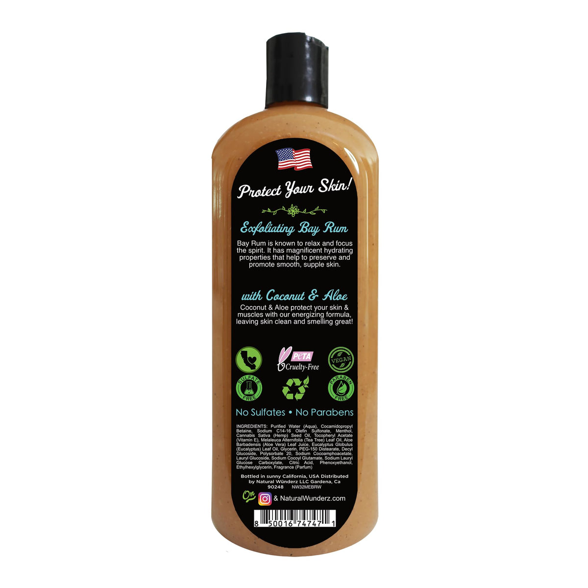 Natural Wunderz Mens Body Wash, Exfoliating Bay Rum & Coconut Aloe Scent, 32 Fl Oz All-In-One Liquid Soap and Shower Gel, Sulfate Free and Vegan Friendly Body Scrub