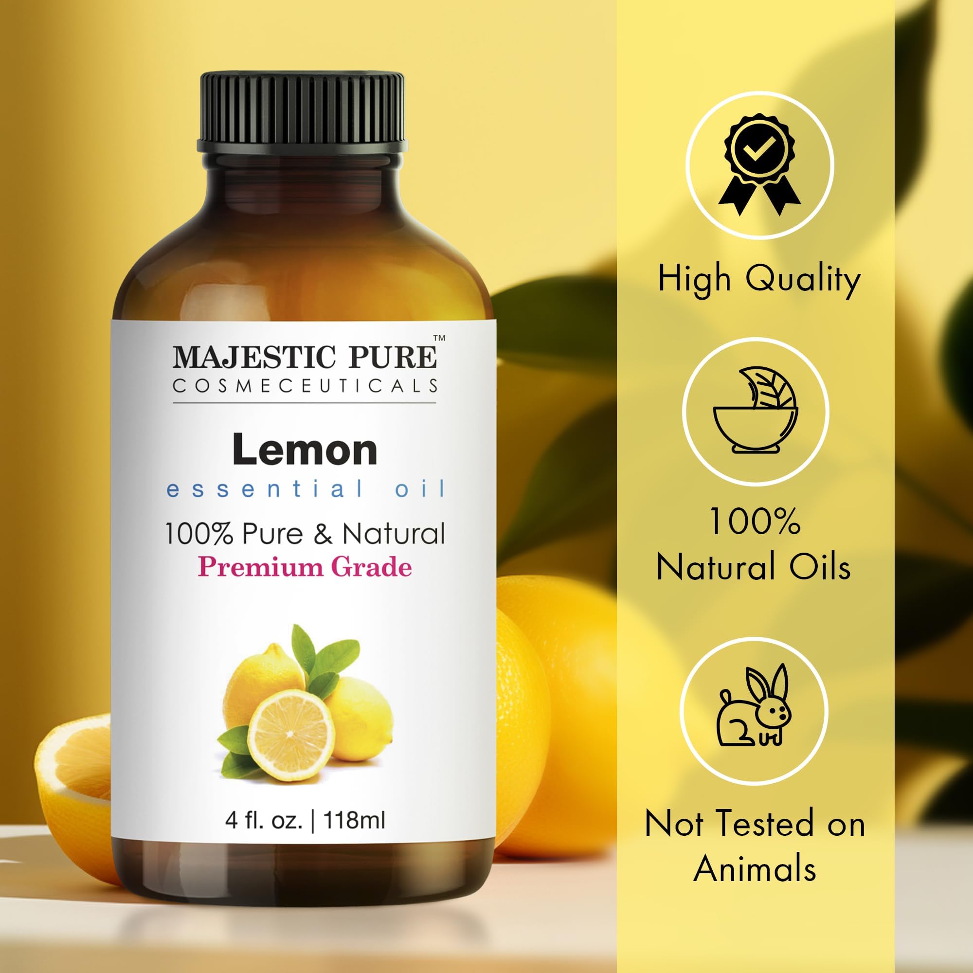 Majestic Pure Essential Oil with Glass Dropper - 100% Pure and Natural - Essential Oils for Diffuser, Aromatherapy, Soap and Candle Making, Lemon Essential Oil, Lemon Oil, 4 Fl Oz