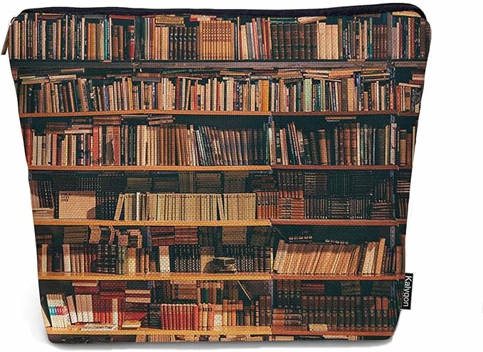 Kalygon Vintage Library Bookshelf Makeup Bag for Purse, Travel Toiletry Pouch, Cosmetic Organizer, Old Books Pattern Flax Pencil Case for Men and Women