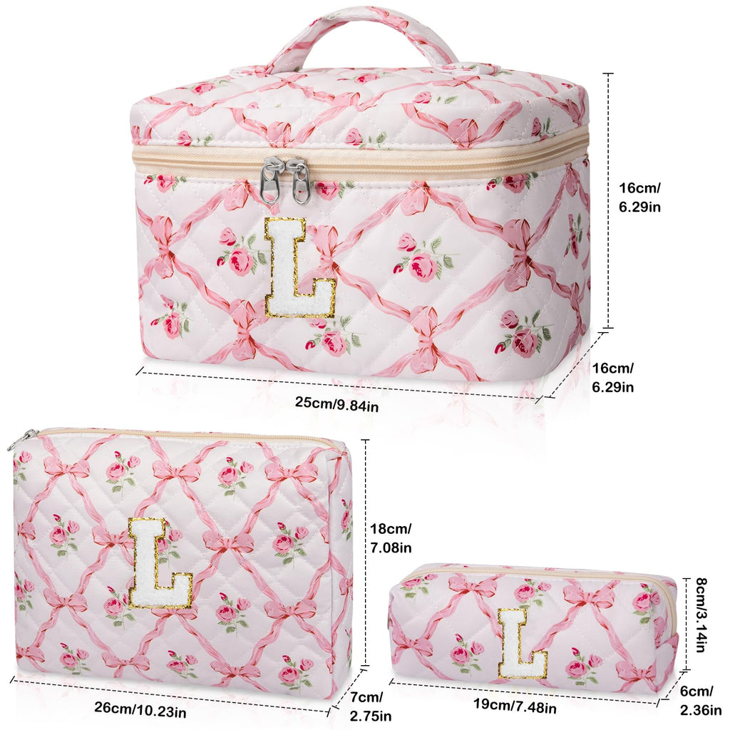 Junesters Personalized Initial Makeup Bag Set, Quilted Makeup Bag, Large Floral Cosmetic Bag for Women, Cute Cotton Custom Make up Bags, Flower Travel Toiletry Bag Teen Girl Gift Trendy Stuff Gift L