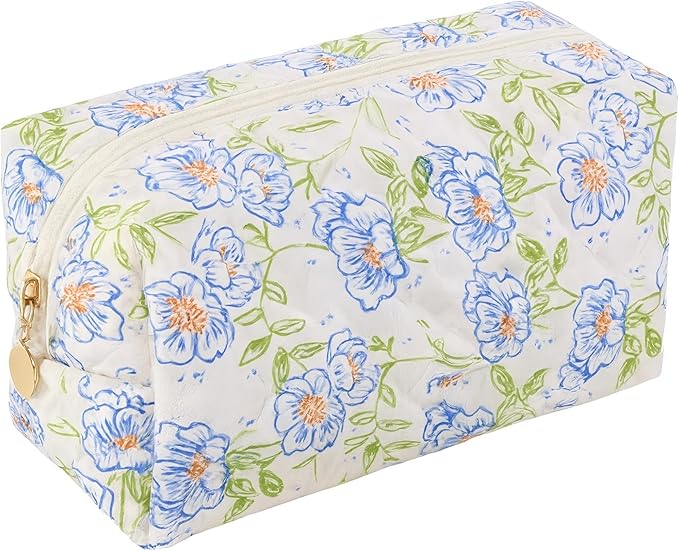 OIMEI Floral Quilted Cotton Makeup Bag for Women, Large Capacity Travel Cosmetic Pouch with Zipper, Cute Toiletry & Brush Organizer, Kawaii Makeup Storage Case – Blue Flowers