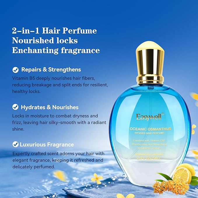 EASYWELL Hair Perfume for Women, Christmas Gift Birthday Gifts for Mom and girls, Leave In Conditioner Spray with Vitamin B5, Hair Care Fragrance, Hair Oil Mist, Oceanic Osmanthus, 2.5 fl oz