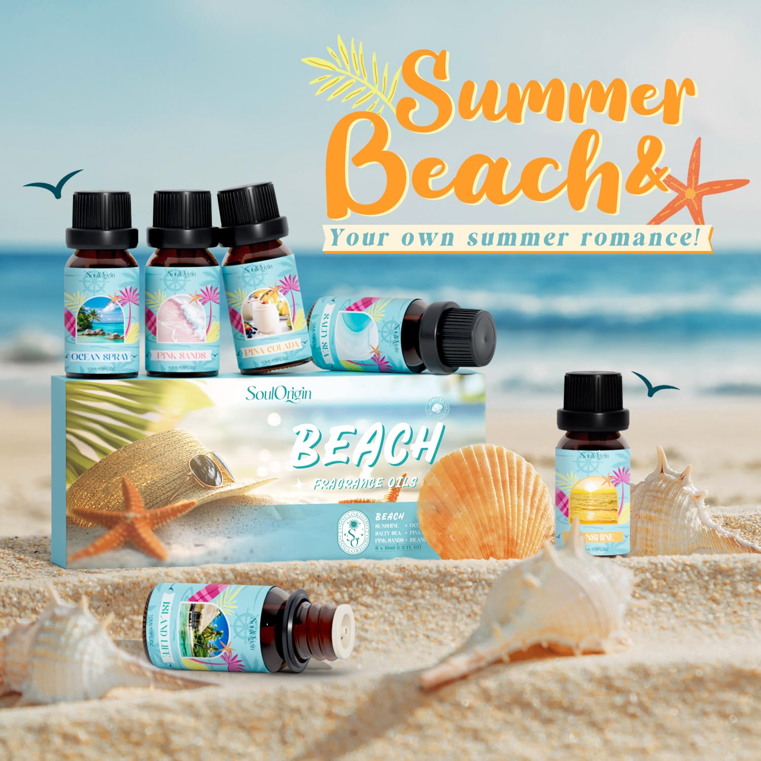Soulorigin Beach Fragrance Oils Set, Essential Oil Gift Set for Diffuser, Summer Scent Diffuser Oil, Diffuser Scents Oil for Home-Ocean Spray, Pink Sands, Salty Sea, Pina Colada, Island Life, Sunshine
