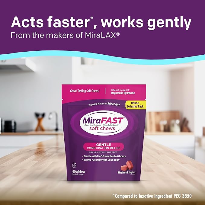 MiraFAST Soft Chews, from the Makers of MiraLAX, Gentle Constipation Relief, Fast Acting, Stimulant Free Saline Laxative, Magnesium Hydroxide, Blueberry & Raspberry Flavor, 60ct