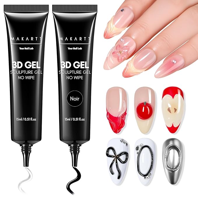 Makartt 3D Nail Gel, 2 Pcs Clear & Noir Sculting Gel for DIY Nail Designs