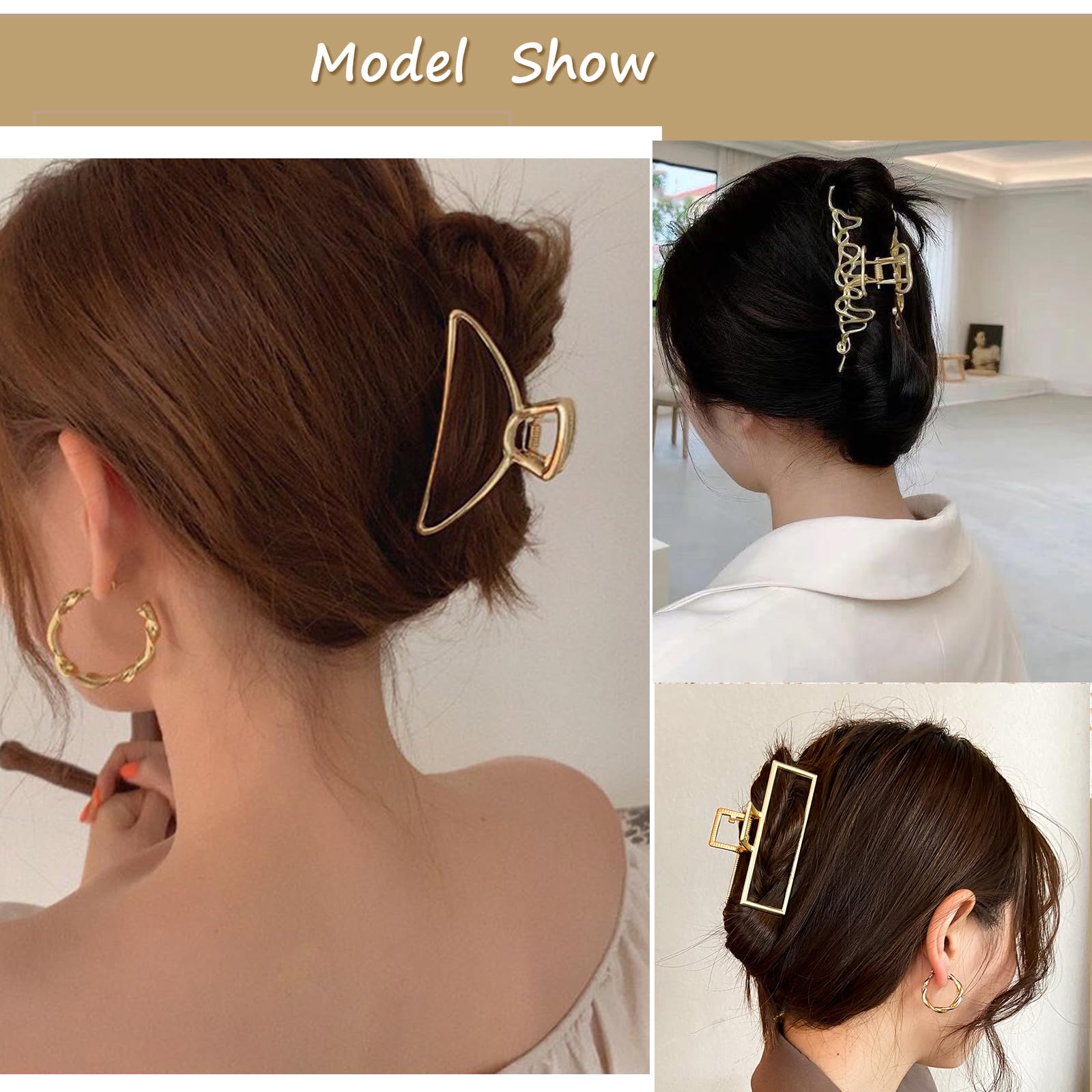 Mehayi 3 PCS Large Gold Metal Hair Claw Clips for Women Girls, Cute Alloy Big Hair Clamps Strong Hold for Thick Thin Hair, Fashion Hair Accessories Headwear Styling Tools for Party Wedding