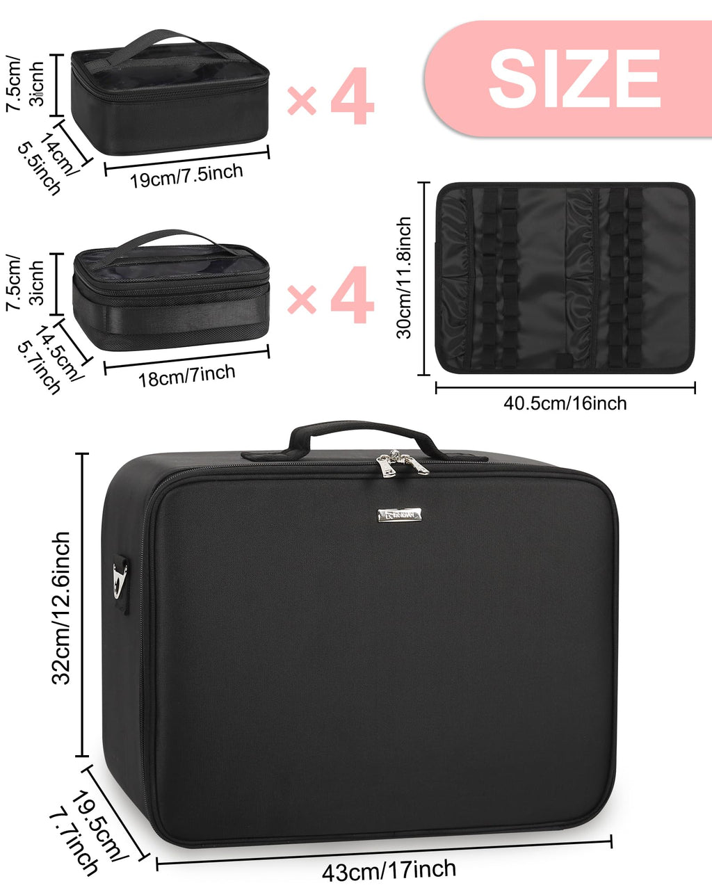 Relavel Extra Large Makeup Case Professional Cosmetic Storage Organizer Box Brush Holder with 8 Clear Set Bags & Lipstick Plate for Makeup Artists with Shoulder Strap & Adjustable Dividers