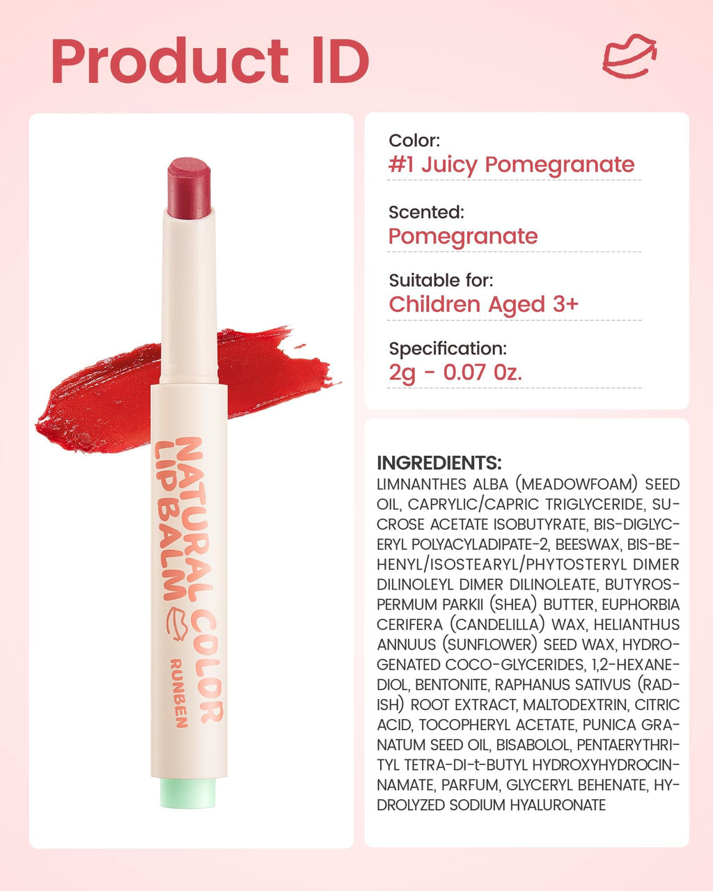 RUNBEN Kids Tinted Lip Balm, Juicy Pomegranate Lipstick