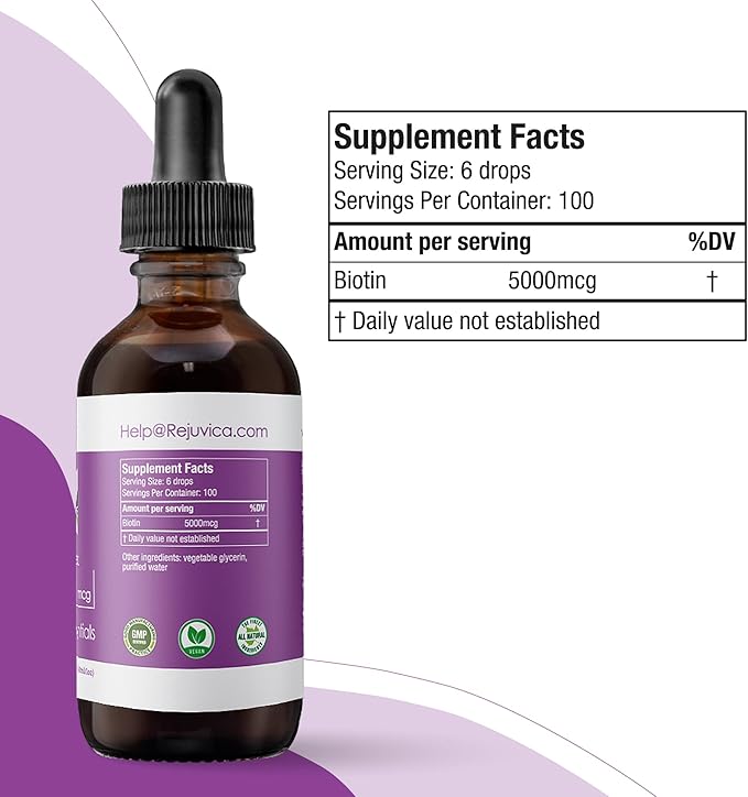 Rejuvica Health Active Biotin for Healthy Hair, Skin, and Nails | Convenient Liquid Dropper Absorbs Fast & Tastes Great | 3-Pack