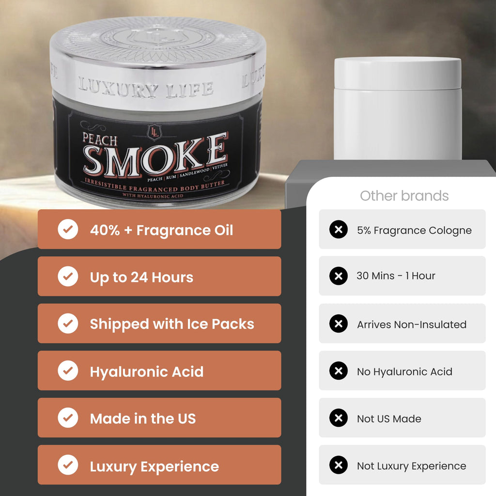LUXURY LIFE BUTTER - 40% Extrait de Parfum Fragranced Body Butter with Hyaluronic Acid for Ultimate Moisture - Luxurious Room-Filling Natural Fragrances - Non-Greasy, USA Made, Peach Smoke, 5 oz