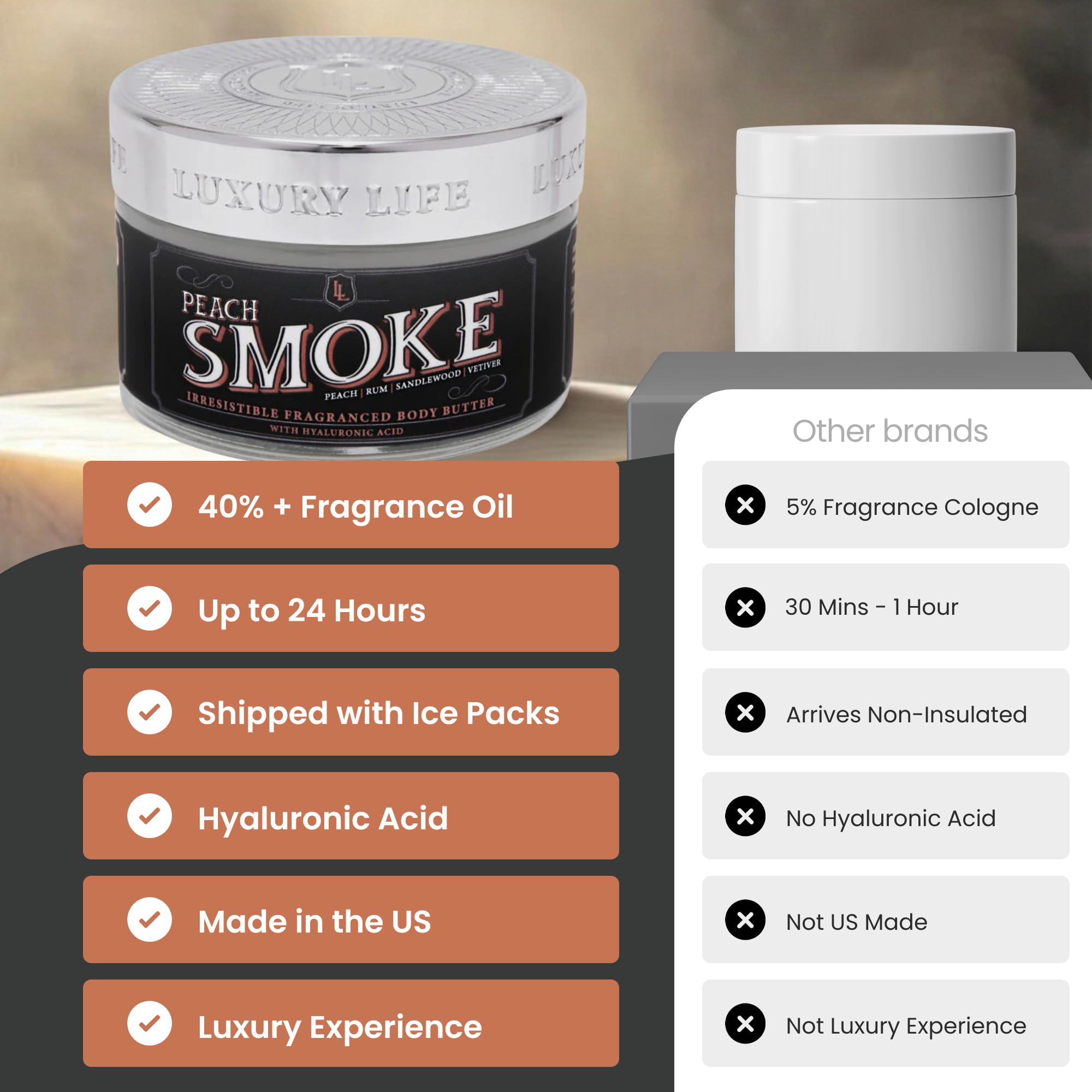 LUXURY LIFE BUTTER - 40% Extrait de Parfum Fragranced Body Butter with Hyaluronic Acid for Ultimate Moisture - Luxurious Room-Filling Natural Fragrances - Non-Greasy, USA Made, Peach Smoke, 5 oz