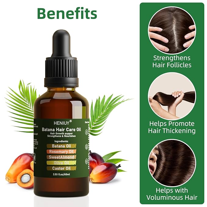 HENIUY Battana Hair Care Oil – 2Fl Oz Natural Rosemary & Sweet Almond Oil Blend for Hair Growth & Repair – Organic, Vegan, Cruelty-Free – Lightweight, Non-Greasy Formula for Women & Men