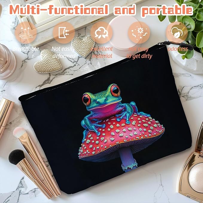 Scribesense Cosmetic Bags Travel Makeup Toilet Case Waterproof Pouch for Women Girls 6.7X9.45inches - Colorful Frog on A Red Mushroom