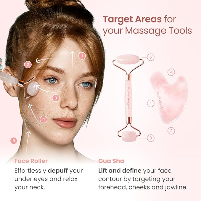 PLANTIFIQUE Rose Quartz Gua Sha & Face Roller Set, Certified Face Massager