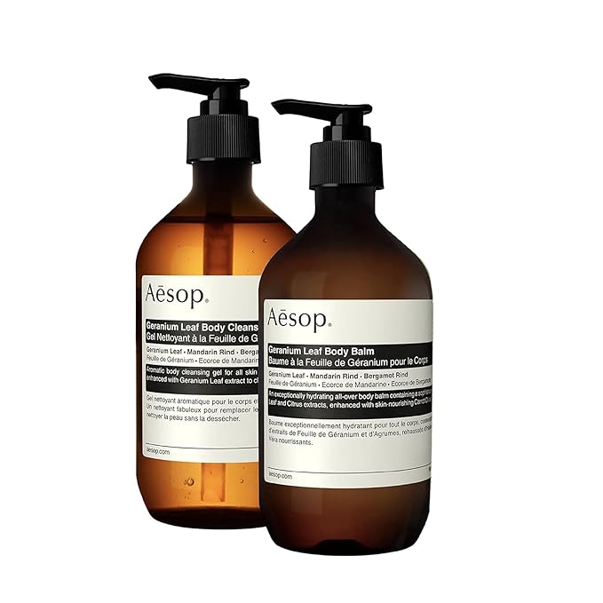 Aesop Geranium Leaf Body Cleanser & Balm Set | Citrus & Fresh Duo to Cleanse and Hydrate Skin | Geranium Leaf, Mandarin Rind, Bergamot Rind | 16.9 oz / 500mL (Set of 2)