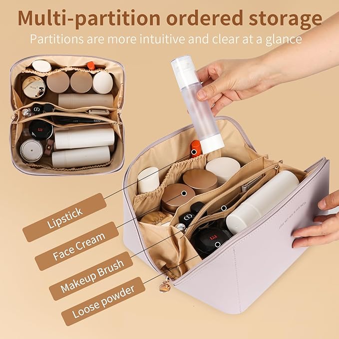 zaleeta Travel Makeup Bag, Large Capacity Cosmetic Organizer Bags for Women, Waterproof PU Leather Toiletry Bags, Wide Open Flat Makeup Case with Divider and Handle