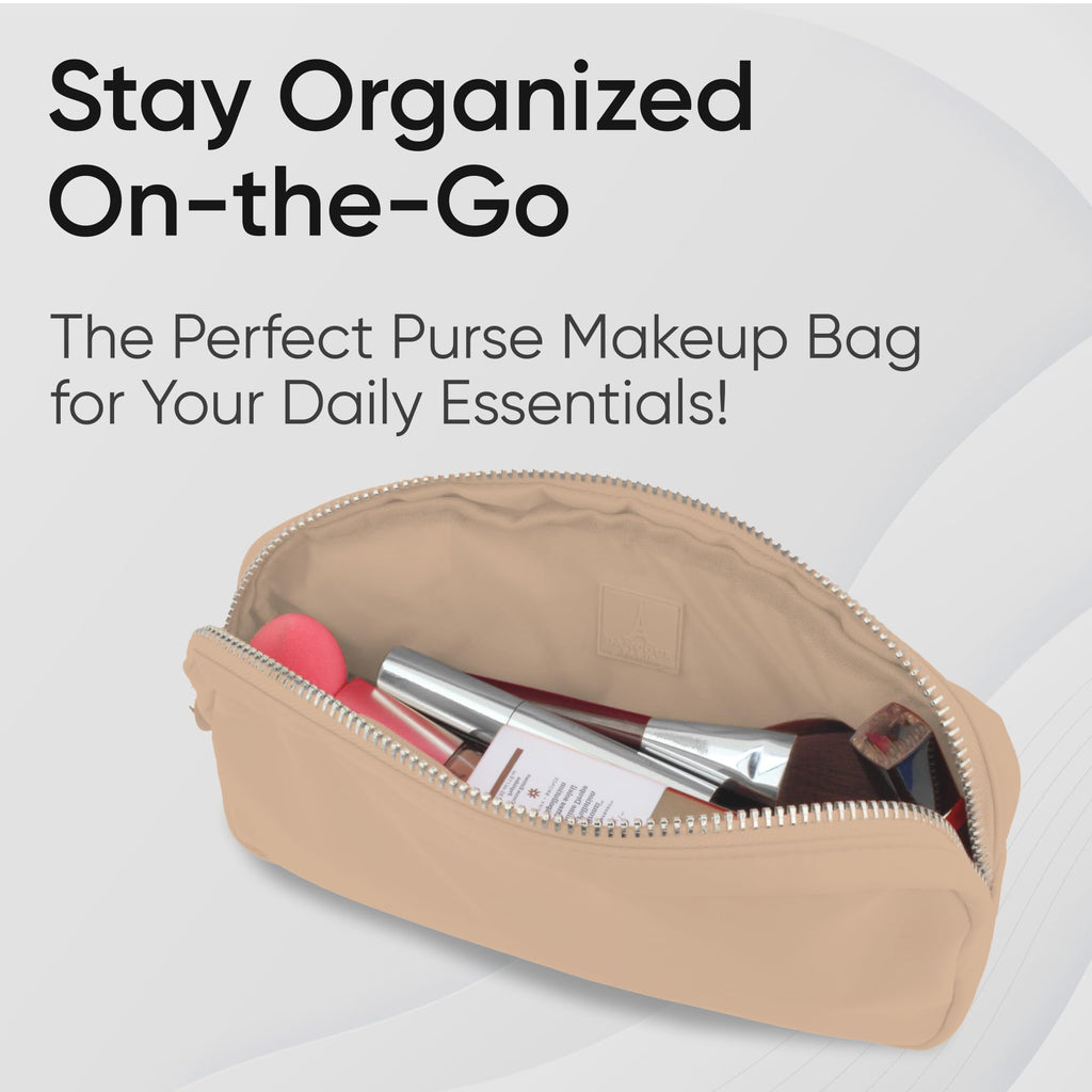 Dancour Small Zipper Pouch, Beige, 9.5in x 2in x 5in, Water Resistant, Nylon Material, Single Pocket, Perfect for Makeup, Toiletries, and Accessories