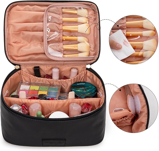 Wrangler Travel Makeup Bag 2pcs Set Cosmetic Bag with Makeup Brush Holder