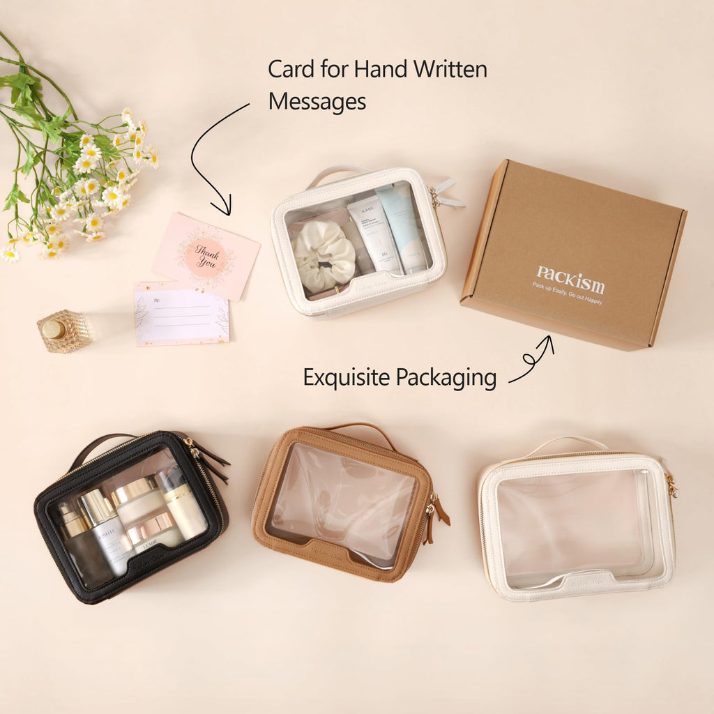 PACKISM Clear Makeup Bag - PU Leather Clear Travel Bags for Toiletries