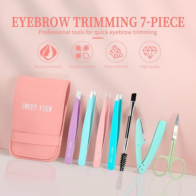 SWEET VIEW 7PCS Tweezers Kit for Women Facial Hair & Brow