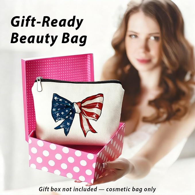 LIANGW Coquette American Flag Bow Makeup Bag, Gifts for Patriotic Women Cosmetic Bag, Preppy Red White and Blue Bow Small Toiletry Bags Zipper Makeup Pouch