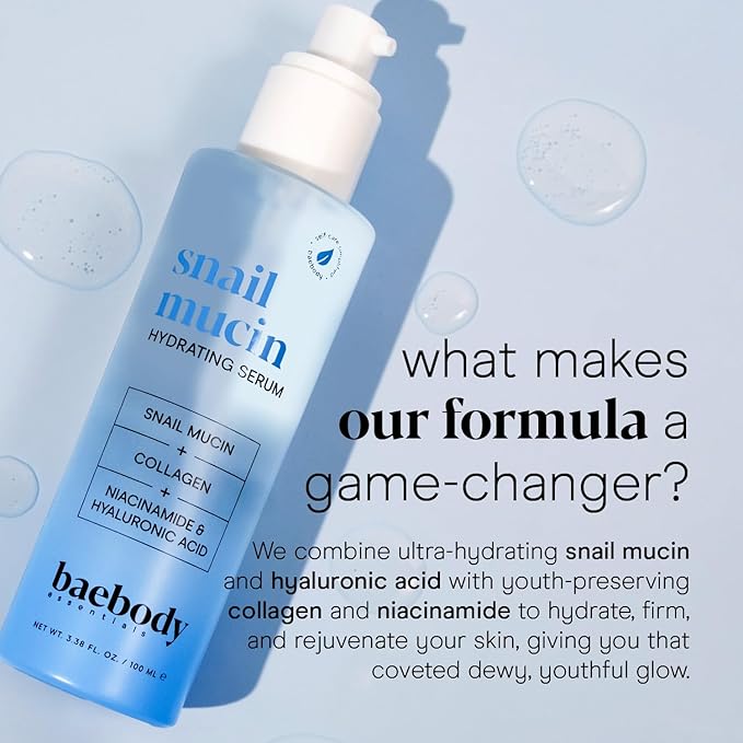 Baebody Snail Mucin Serum Moisturizer with Collagen, 3.38 fl oz