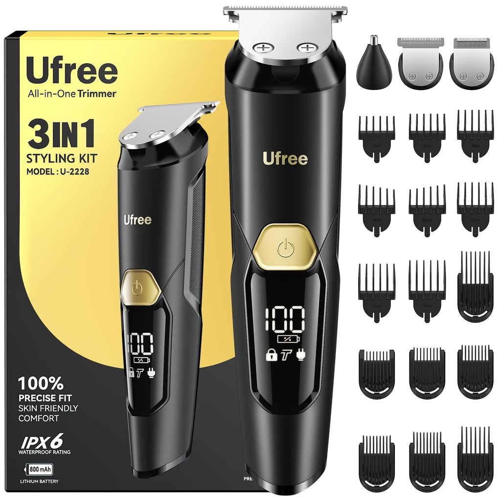 Ufree 3-in-1 Beard Trimmer for Men, IPX6 Waterproof Electric Razor Shaver, Hair Mustache Body Nose Trimmer, Type-C Clippers Husband Father boy Grooming Kit, Birthday Gifts for Men Dad