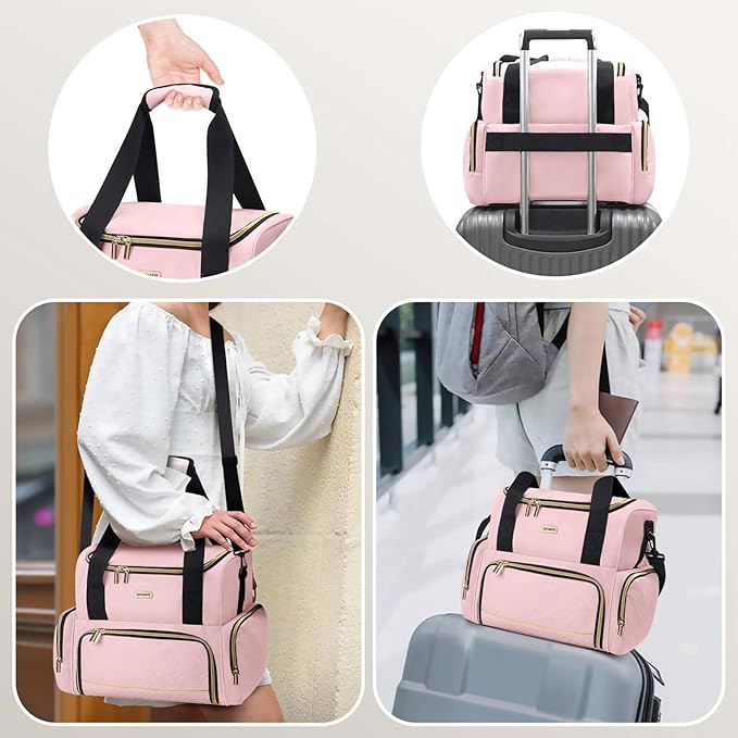 BAFAMYE Large Makeup Cosmetic Bag with 2 Removable Case, Double Layer Travel Makeup Organizer Case, travel Toiletry Bag For Women, Pink