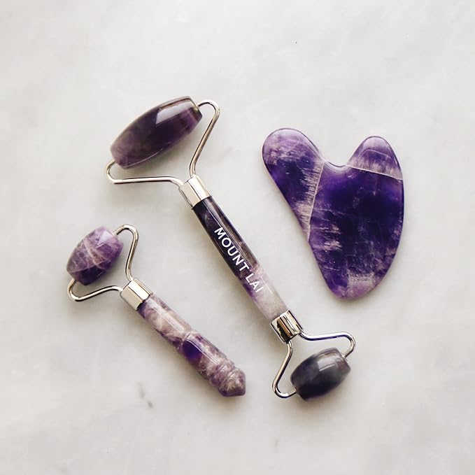Mount Lai - The Amethyst Trio Calming Facial Set | Amethyst Face Roller and Gua Sha Set | Gua Sha Tools to Relieve Muscle Tension and Reduce Puffiness | Anti Aging Skin Care Sets for Women