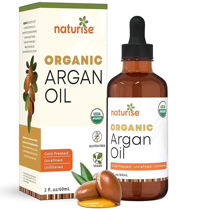 Naturise Organic Argan Oil for Hair & Skin – Cold Pressed, Unrefined, Pure Argan Oil of Morocco for Face Skin Moisture & Hair Growth – Non-GMO, Gluten Free Oils with Vitamins & Fatty Acids (2 fl. oz.)