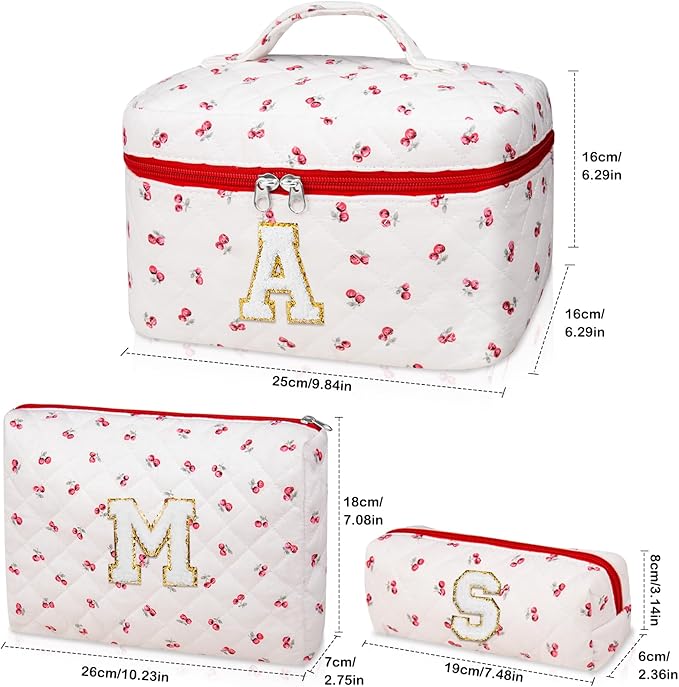 Initial Makeup Bag Set, Personalized Quilted Makeup Bag, Large Floral Cosmetic Bag for Women, Cute Cotton Custom Make up Bags, Flower Travel Toiletry Bag Teen Girl Gift Trendy Stuff Gift Red Cherry S