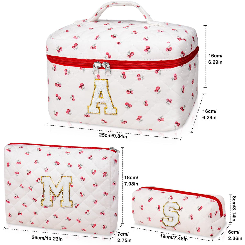 Initial Makeup Bag Set, Personalized Quilted Makeup Bag, Large Floral Cosmetic Bag for Women, Cute Cotton Custom Make up Bags, Flower Travel Toiletry Bag Teen Girl Gift Trendy Stuff Gift Red Cherry S