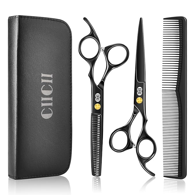CIICII Hair Cutting Scissors Shears Kit, 6.7″ Barber Scissors Set (Black)
