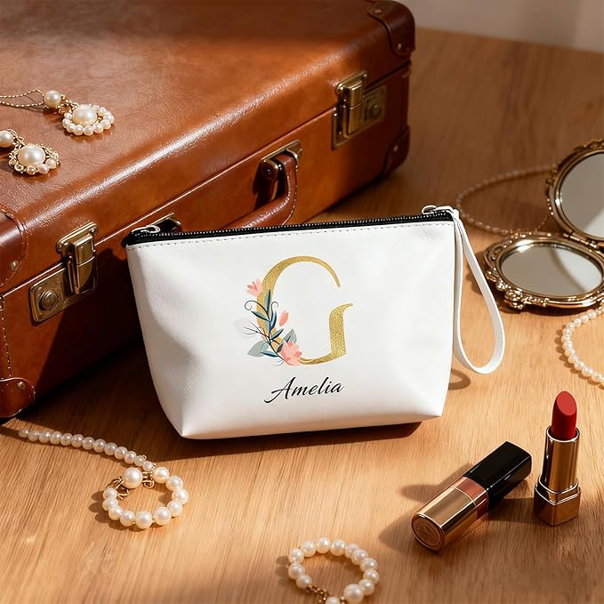 Bliver Personalized Makeup Bag Initial&Birth Flower Custom Small Travel Cosmetic Bag with Name Cute Makeup Bag for Women Girls