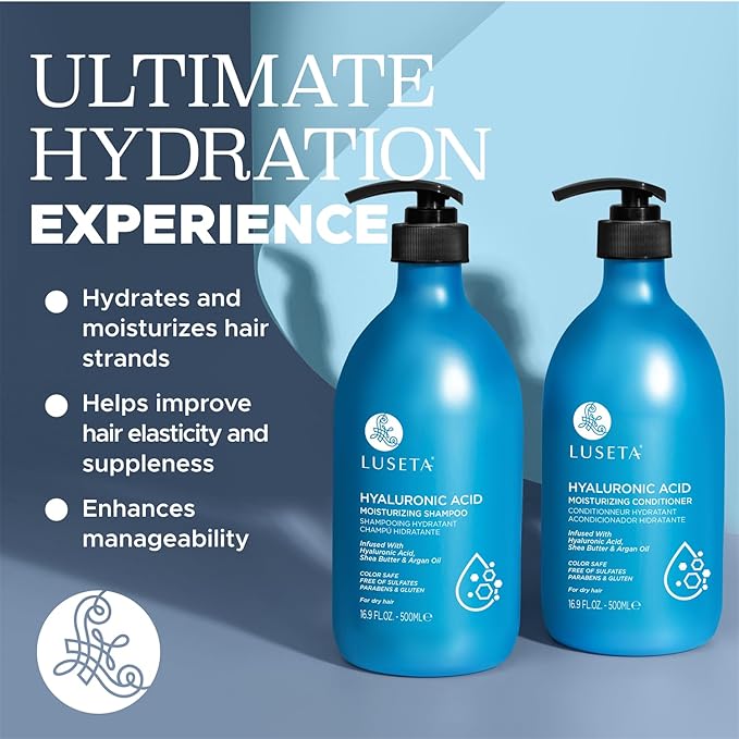 Luseta Deep Hydrating Hyaluronic Acid Shampoo and Conditioner Set for Dry Damaged Hair - Sulfate Free Moisturizing Hair Care with Shea Butter & Avocado Oil, Paraben-Free - 2 x 16.9oz