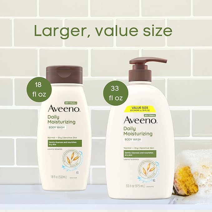 Aveeno Daily Moisturizing Body Wash for Normal to Dry Skin, Sensitive Formula with Prebiotic Oat, Gently Cleanses Dry Skin, Lightly Scented Body Wash for Women and Men, Value Size 33 fl. Oz