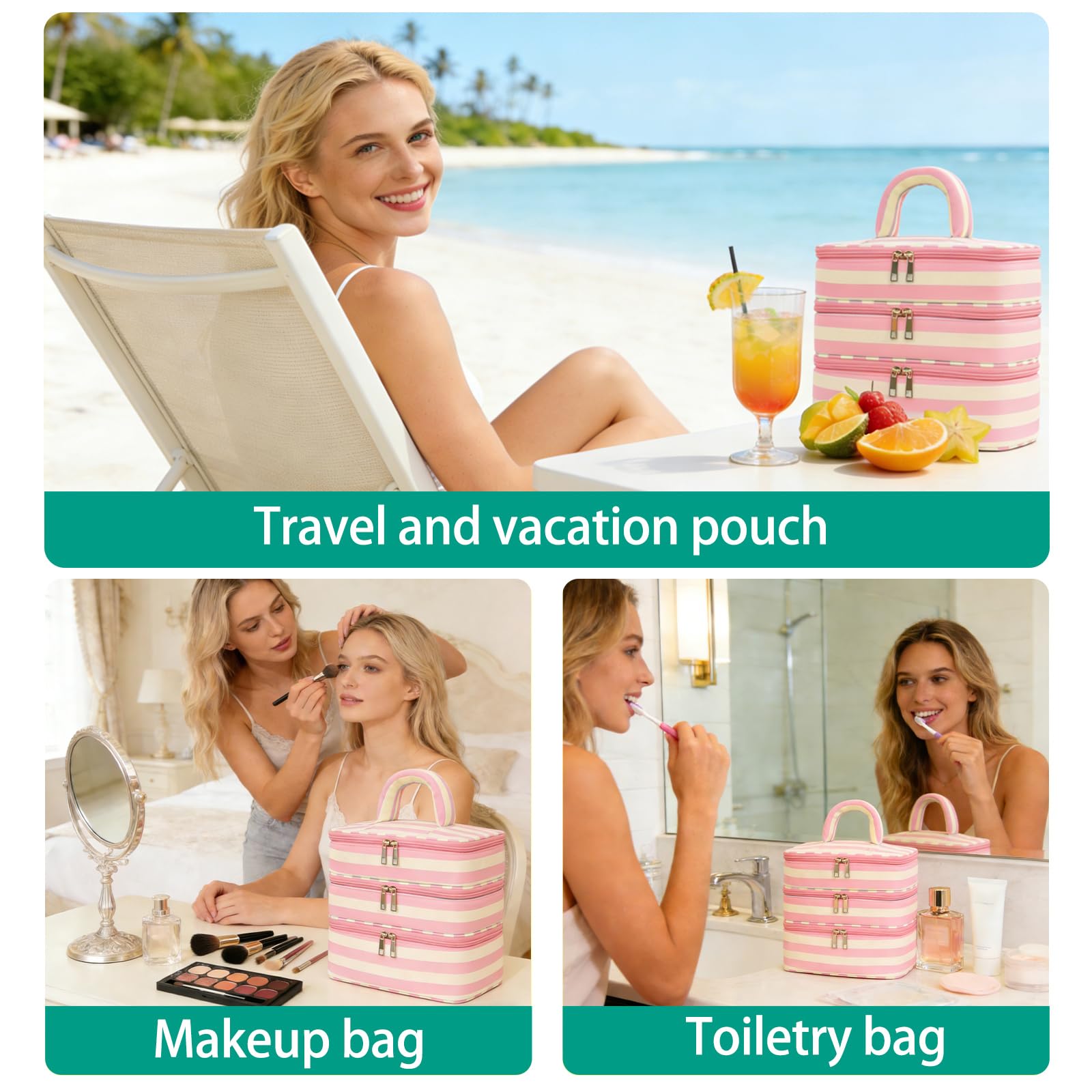 Apxouans Three Layer Makeup Bag for Women Fashion Stripes Cosmetic Bag Preppy Style Travel Water-Resistant Toiletry Bag for Storage Toiletries Cosmetics Sets for Women Teen Girls Pink