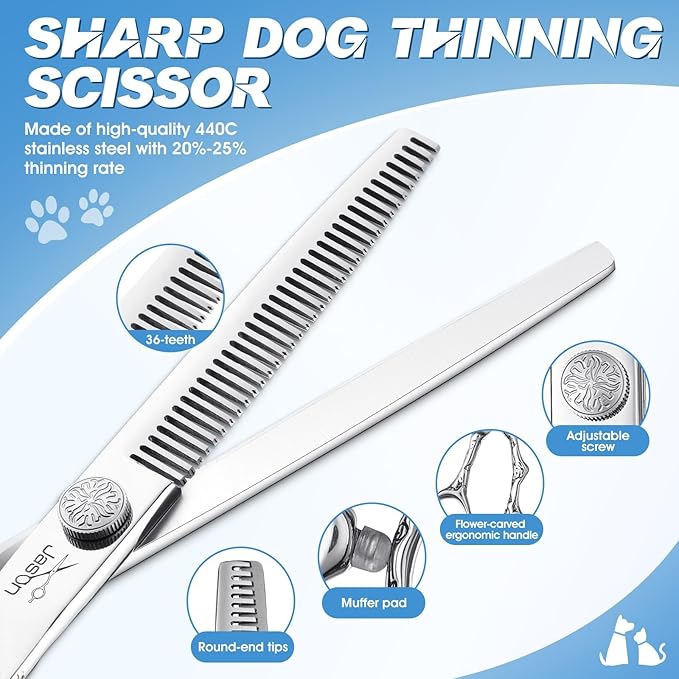 JASON Dog Grooming Scissors Set - Professional 6 in 1 Shears Kit Silver