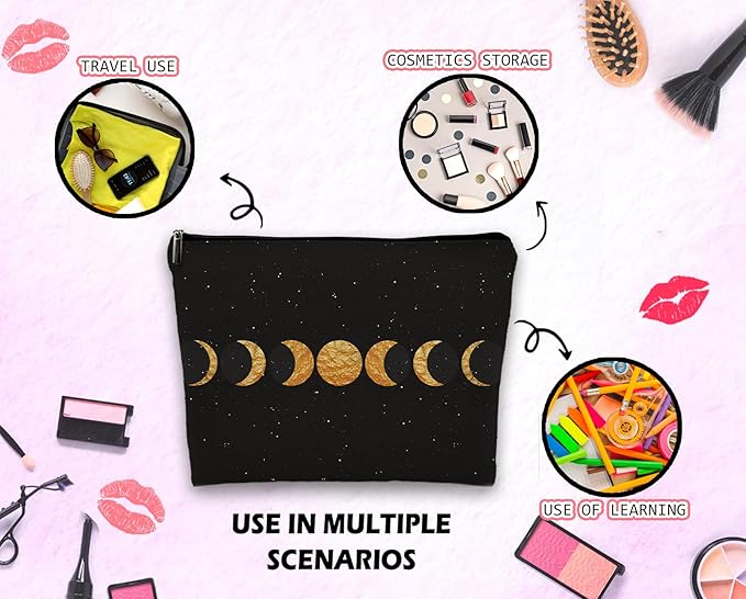 Dwept Abstract Boho Minimalist Moon Phases Cosmetic Bag, Mid Century Bohemian Modern Art Makeup Bag Zipper Cosmetic Pouch Bag Travel Linen Makeup Organizer, Boho Gifts for Women Teen Girls Her Teens