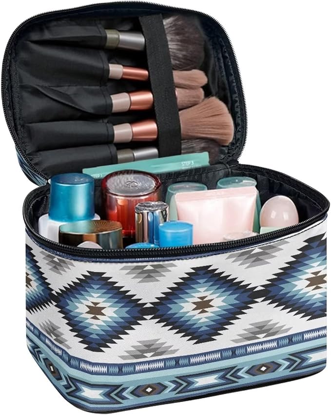 Drydeepin Western Makeup Bags for Woment Tribal Ethnic Tribal Aztec Navajo Portable Cosmetic Travel Bags with Zipper and Carry Handle Large Capacity Toiletry Case Organizer Storage Pouch